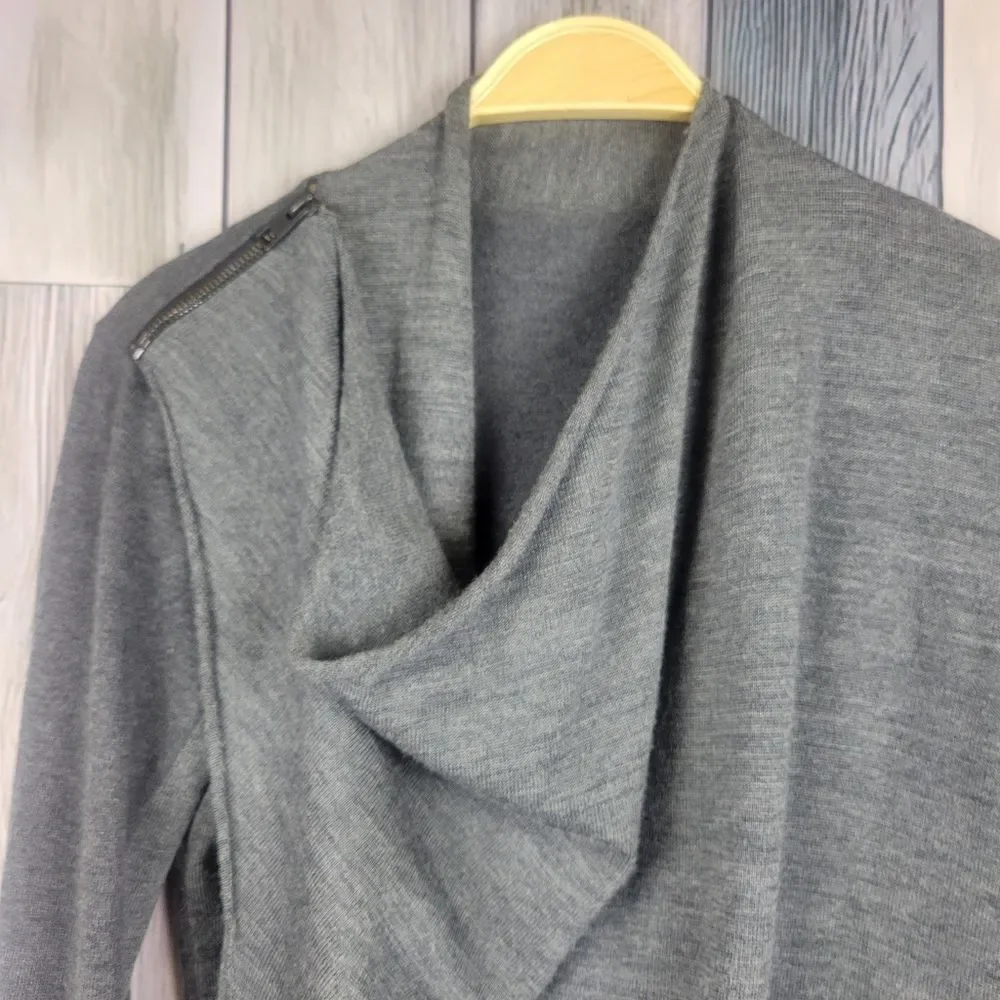 All Saints Drina Grey Wool Asymmetrical Cardigan Cowl Neck Zipper Shoulder Med
